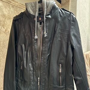 Black Leather Jacket with Hoodie